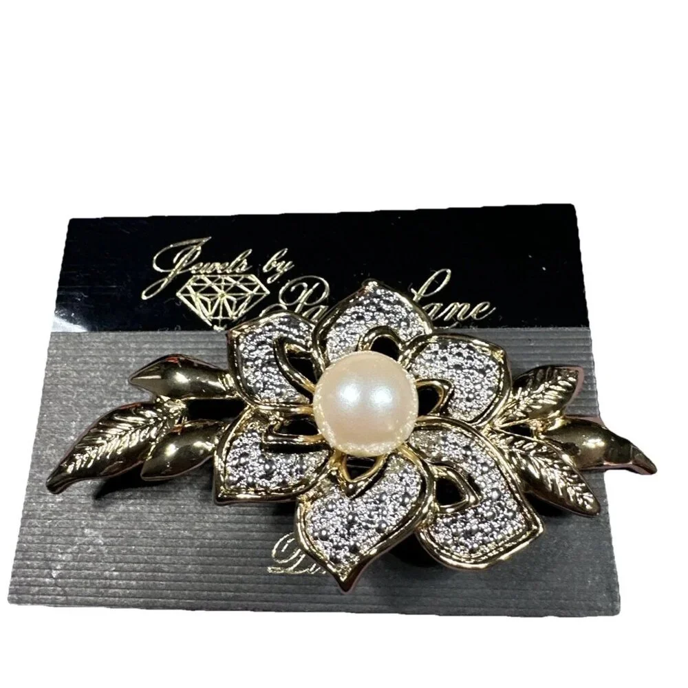 Vintage Park Lane Pave Rhinestone Floral Faux Pearl Goldtone Statement Brooch